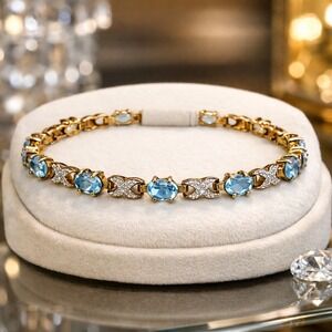 Sterling Silver Blue Topaz XO Hugs & Kisses Gold Tone‎ Tennis Bracelet 6.5 Inch